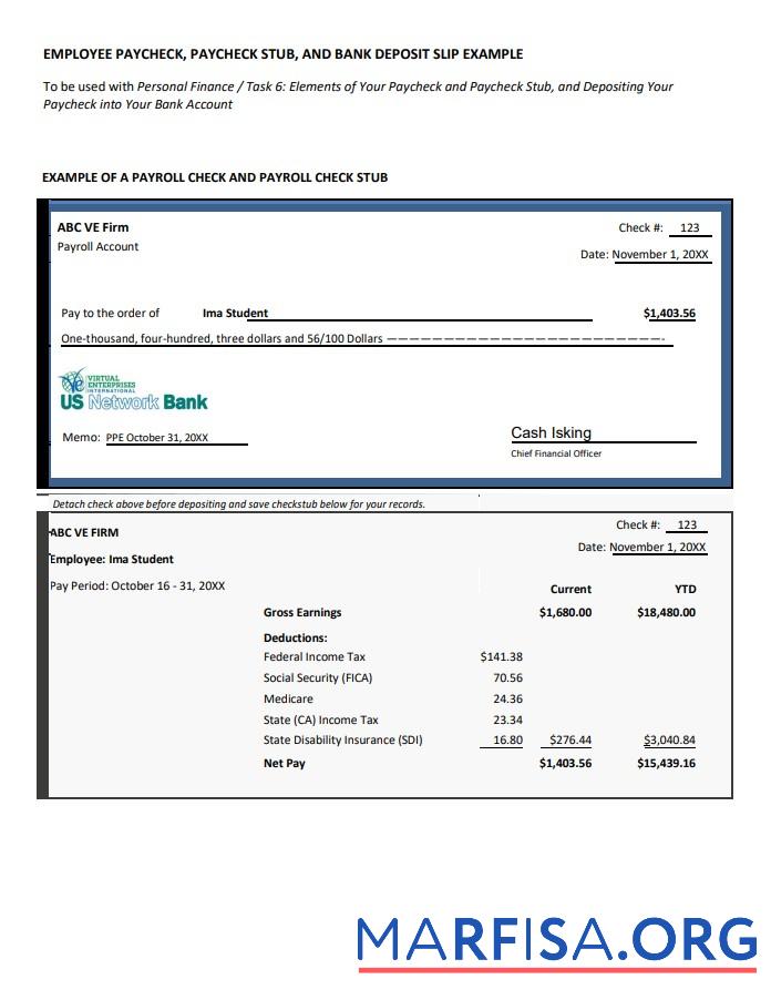 Printable Employee paycheck, paycheck stub and bank deposit slip real example